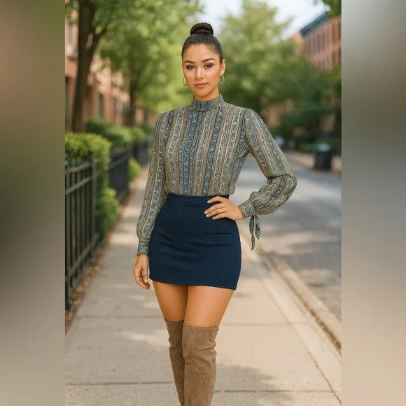 Free People Mock Neck Printed Top | Navy & Beige | Stretchy - Picture 10 of 12